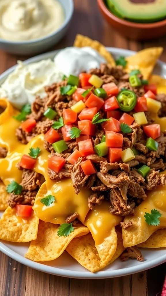 Crispy Air Fryer Pork Nachos Recipe Crispy air fryer pork nachos topped with cheese, pulled pork, tomatoes, and jalapeños, served with sour cream and guacamole.